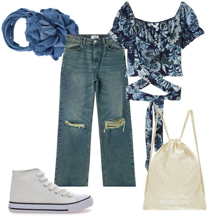 Outfit donna - Total look #1900887. Stile Basic per Tutti i giorni. Abbinamento con jeans strappati, bluse, collane, zaini, sneakers.