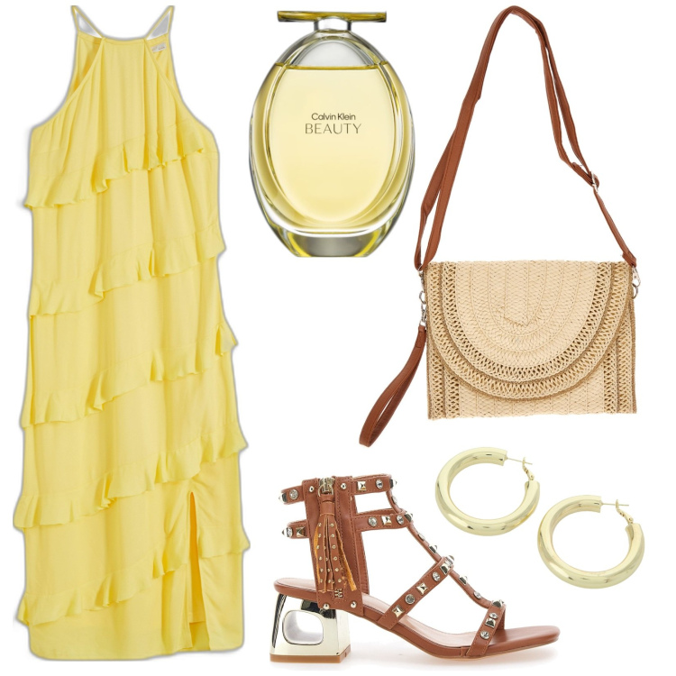 Outfit donna - Giallo per l\'estate. Stile Boho per Tutti i giorni. Abbinamento con vestiti lunghi, profumi, orecchini, sandali col tacco, borse a tracolla.