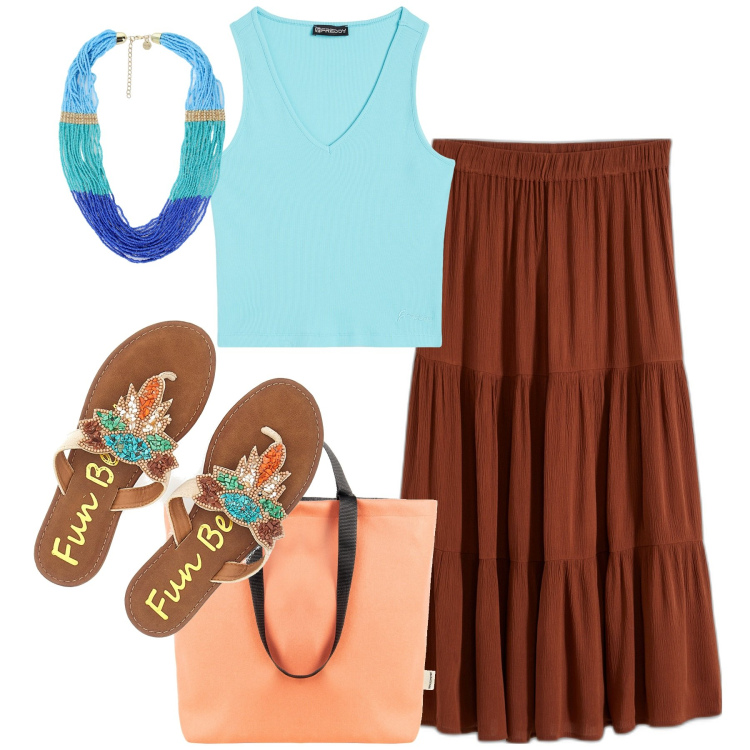 Outfit donna - Summer. Stile Trendy per Tutti i giorni. Abbinamento con gonne longuette, borse tote, collane, top, ciabatte.