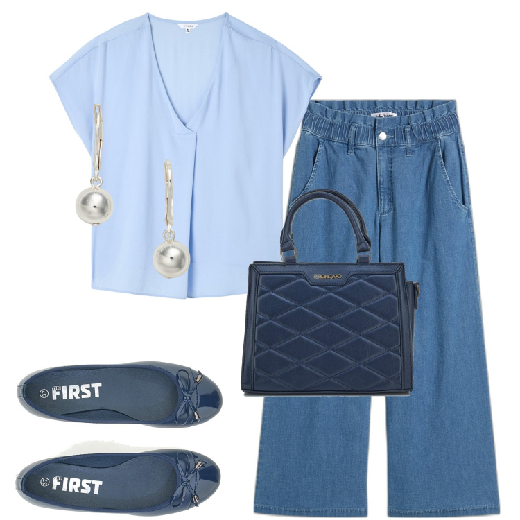 Outfit donna - In ufficio. Stile Casual chic per Ufficio. Abbinamento con jeans, bluse, orecchini, ballerine, borse a mano.