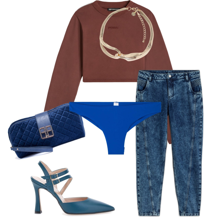 Outfit donna - Serata freschina in jeans. Stile Trendy per Serata fuori. Abbinamento con jeans boyfriend, bikini, pochette, maglieria, collane, décolleté.