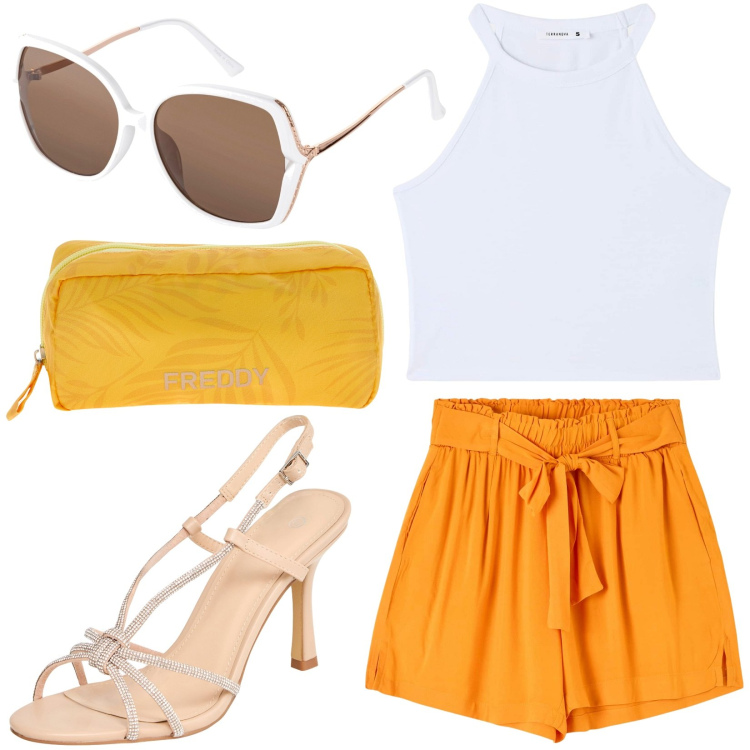 Outfit donna - Total look #1900920. Stile Basic per Tutti i giorni. look ideale per Tall. Abbinamento con occhiali da sole, shorts, canottiere, sandali col tacco, valigie.