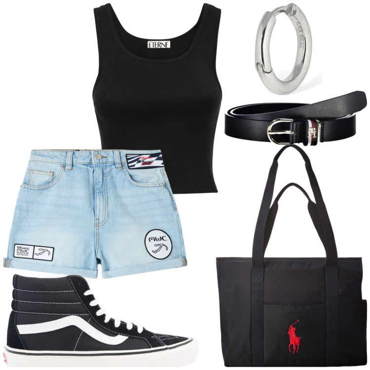 Outfit donna - Total look #1900931. Stile Casual per Tutti i giorni. Abbinamento con shorts, borse tote, orecchini, canottiere, cinture, sneakers.