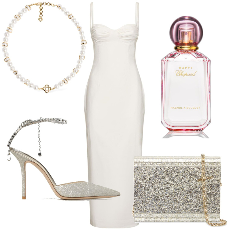 Outfit donna - Matrimonio civile. Stile Glamour per Cerimonia. Abbinamento con profumi, vestiti midi/longuette, pochette, décolleté, collane.