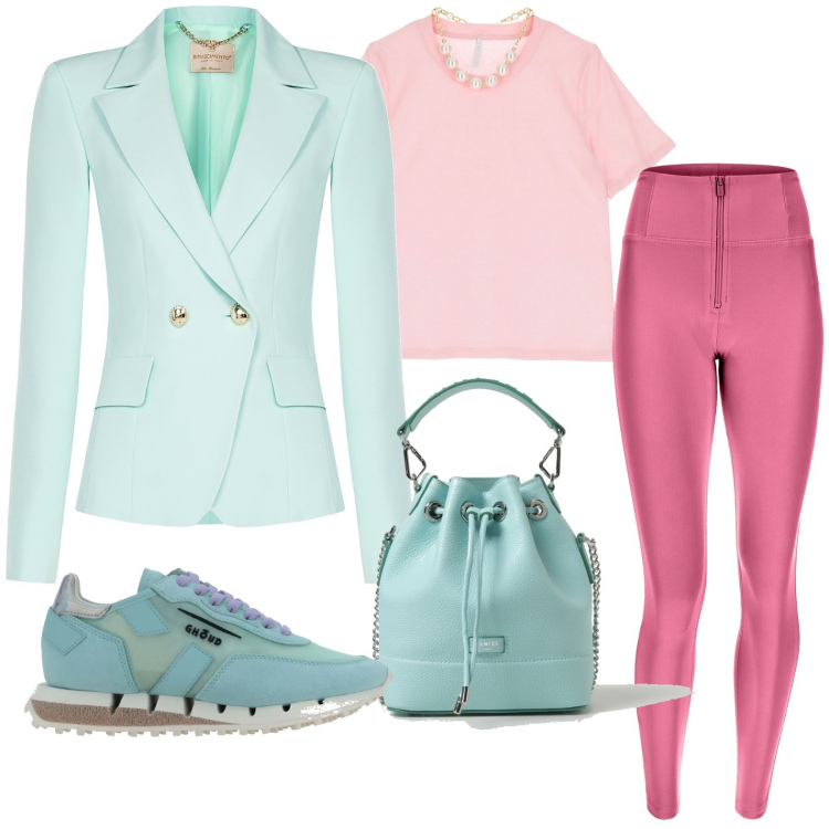 Outfit donna - Giacca e leggins. Stile Bon Ton per Tutti i giorni. look ideale per Petite. Abbinamento con blazer, t-shirt, pantaloni skinny, sneakers, borse a secchiello.