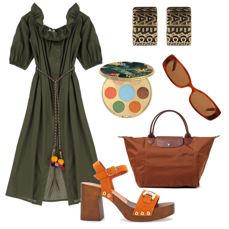 Outfit donna - Boho rivisitato in città. Stile Boho per Tutti i giorni. Abbinamento con ombretti, vestiti midi/longuette, occhiali da sole, zoccoli, orecchini, borse a mano.