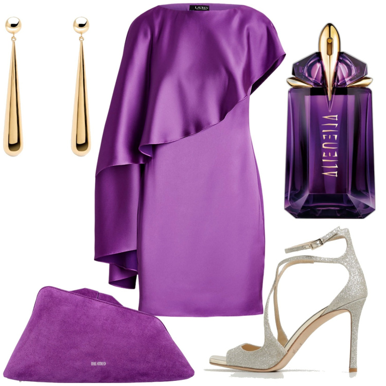 Outfit donna - Cerimonia in viola. Stile Glamour per Cerimonia. Abbinamento con profumi, vestiti, pochette, orecchini, sandali col tacco.