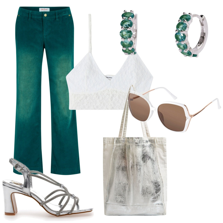 Outfit donna - Orecchini chunky. Stile Casual per Serata fuori. Abbinamento con pantaloni, occhiali da sole, shopping bag, top, orecchini, sandali col tacco.