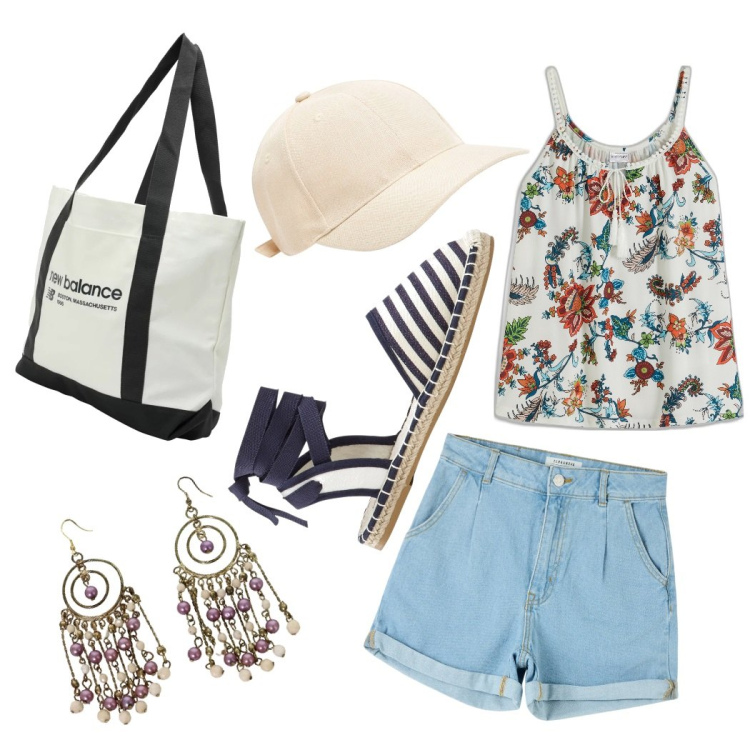 Outfit donna - Total look #1900987. Stile Casual per Tutti i giorni. Abbinamento con top, espadrillas, cappelli, shorts, borse tote, orecchini.