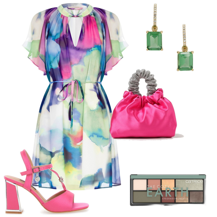 Outfit donna - Cerimonia in corto. Stile Chic per Cerimonia. Abbinamento con ombretti, vestiti corti, orecchini, sandali col tacco, clutch.