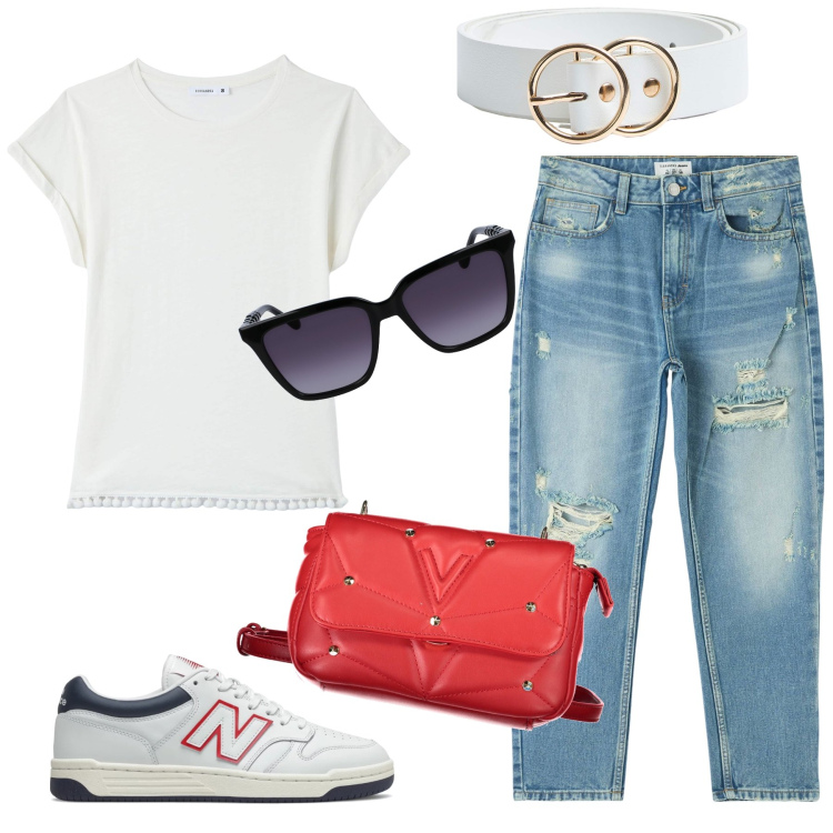 Outfit donna - Dettagli in rosso. Stile Urban per Tutti i giorni. Abbinamento con jeans mom, t-shirt, cinture, sneakers, occhiali da sole, borse a tracolla.