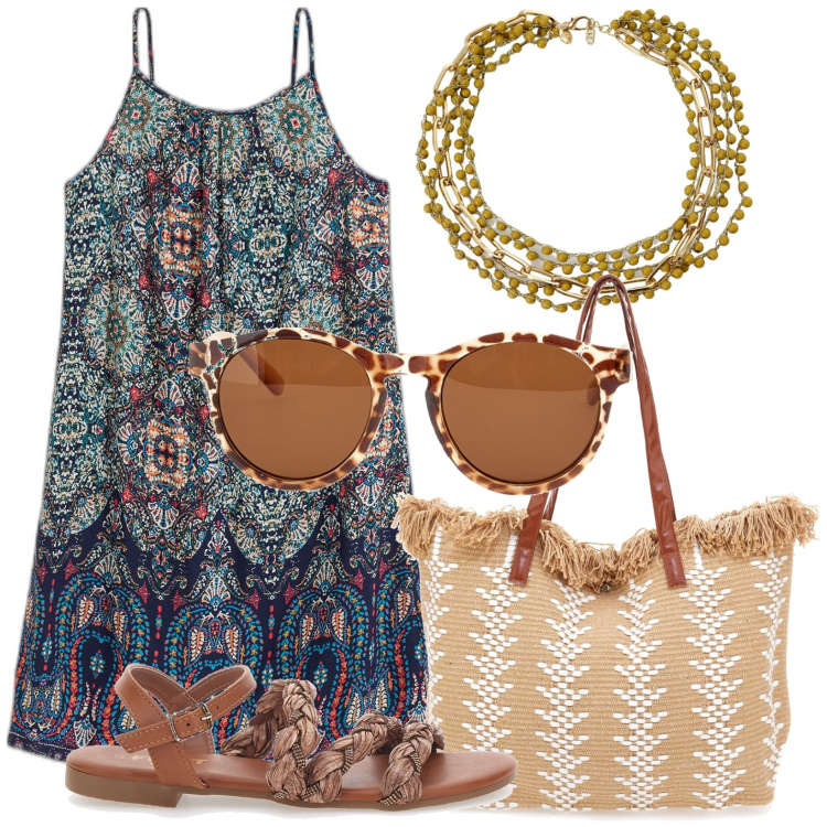Outfit donna - Africa inside. Stile Etnico per Tutti i giorni. Abbinamento con vestiti, collane, sandali, borse a spalla, occhiali da sole.