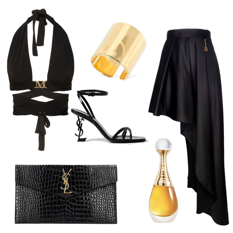 Outfit donna - Black & Gold. Stile Sexy per Serata fuori. Abbinamento con profumi, gonne lunghe, pochette, top, anelli, sandali col tacco.