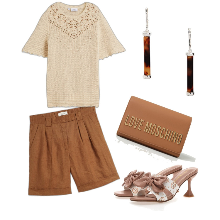 Outfit donna - A lavoro d\'estate. Abbinamento con bermuda, maglieria, orecchini, ciabatte, borse a tracolla.