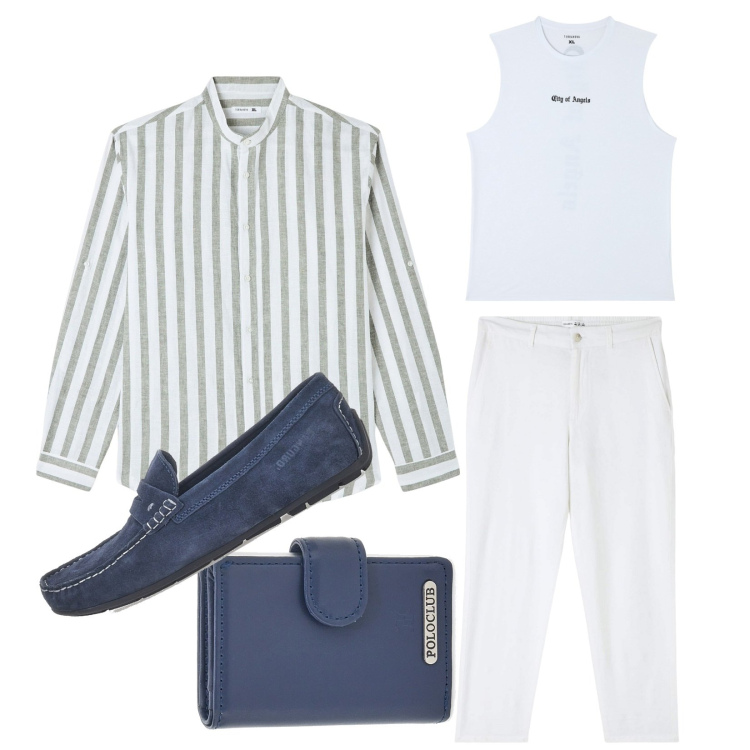 Outfit uomo - Camicia a righe!!!. Stile Casual per Tutti i giorni. Abbinamento con camicie, pantaloni, canottiere, scarpe stringate, portafogli.