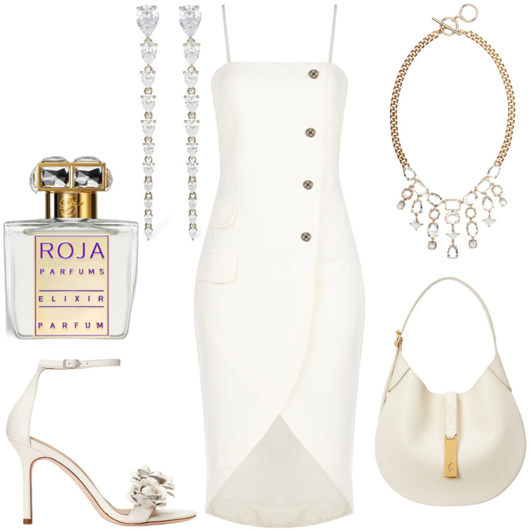 Outfit donna - Chic. Stile Chic per Serata fuori. Abbinamento con profumi, vestiti midi/longuette, borse a spalla, sandali in pelle, collane, orecchini.