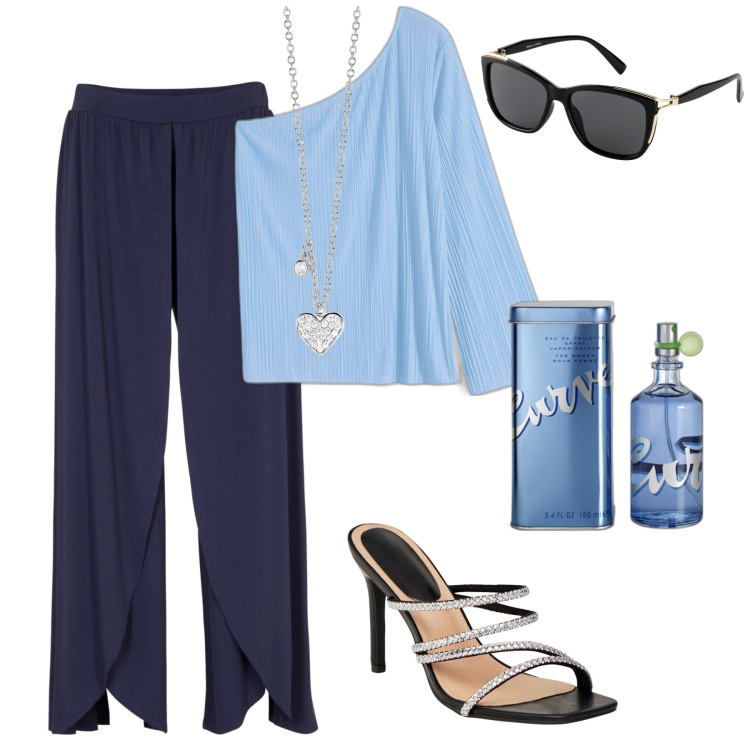 Outfit donna - Total look #1901046. Stile Chic per Tutti i giorni. Abbinamento con bluse, pantaloni, occhiali da sole, profumi, collane, sandali col tacco.