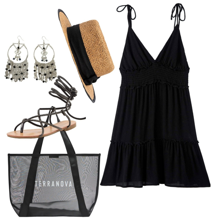 Outfit donna - Streghetta. Stile Romantica per Tutti i giorni. Abbinamento con vestiti, shopping bag, sandali alla schiava, orecchini, cappelli.