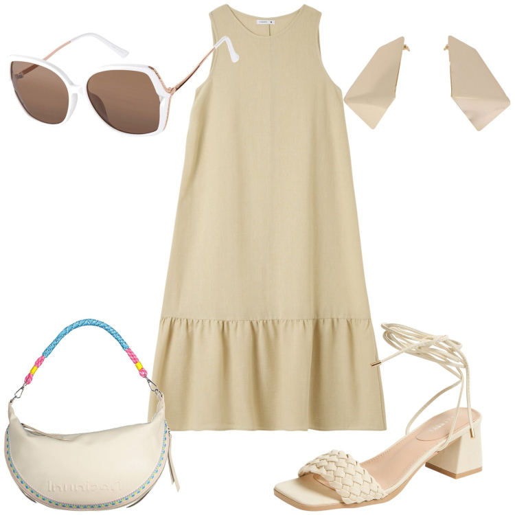 Outfit donna - Fresca per tutta la giornata. Stile Basic per Tutti i giorni. Abbinamento con occhiali da sole, vestiti lunghi, sandali alla schiava, orecchini, borse a spalla.