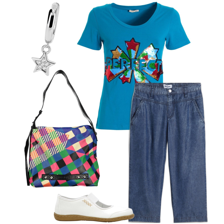 Outfit donna - Stars. Stile Casual per Tutti i giorni. Abbinamento con ballerine, jeans boyfriend, orecchini, t-shirt, borse a spalla.