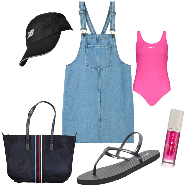 Outfit donna - Salopette copricostume. Stile Casual chic per Mare. Abbinamento con gloss, sandali, vestiti senza maniche, cappelli, costumi interi, borse a spalla.