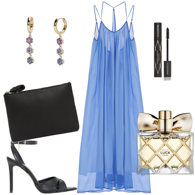 Outfit donna - Romanticamente sexy per lui. Stile Glamour per Serata fuori. Abbinamento con profumi, mascara, orecchini, vestiti lunghi, décolleté, pochette.