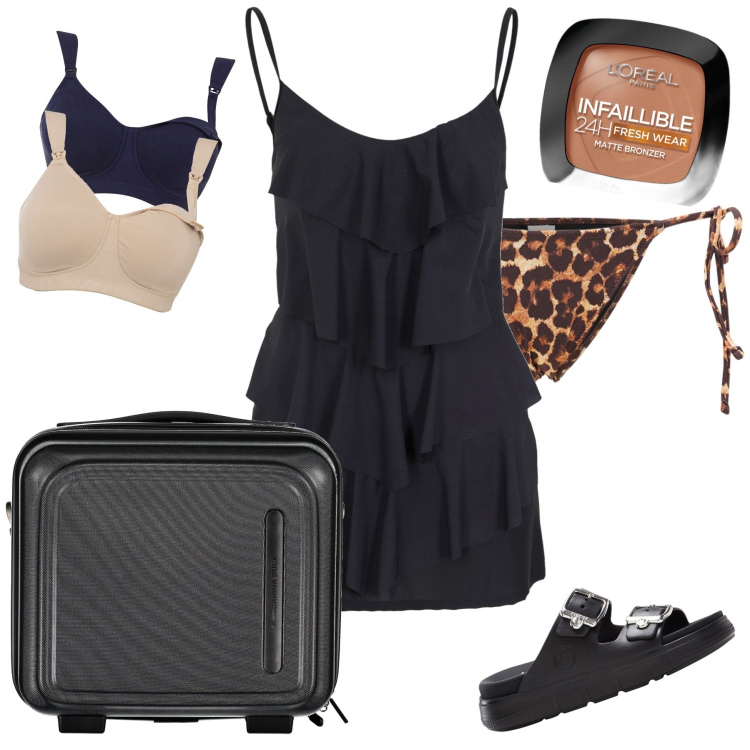 Outfit donna - La valigia dell weekend. Stile Trendy per Mare. Abbinamento con ciabatte, vestiti da spiaggia, reggiseni, terre, valigie, bikini.