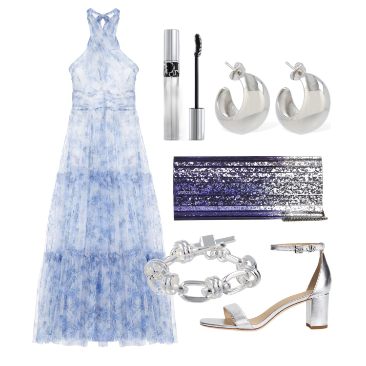 Outfit donna - Ghost outfitter - giugno. Stile Glamour per Cerimonia. Abbinamento con mascara, vestiti lunghi, sandali in pelle, braccialetti, orecchini, clutch.