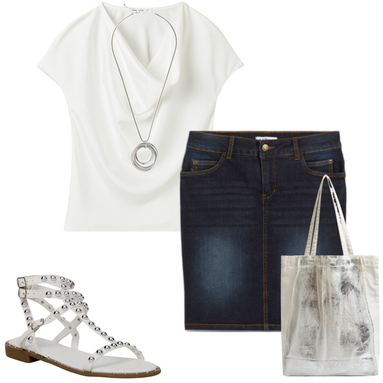 Outfit donna - Tutti i giorni. Stile Casual per Tutti i giorni. Abbinamento con gonne, collane, shopping bag, sandali, bluse.
