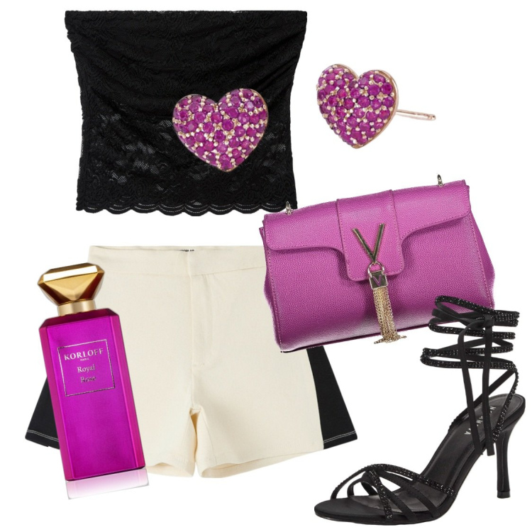 Outfit donna - Sabato sera. Stile Chic per Serata fuori. Abbinamento con profumi, shorts, sandali alla schiava, top, orecchini, borse a tracolla.