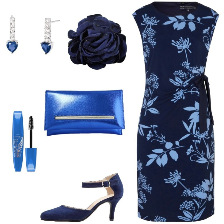 Outfit donna - in ufficio. Stile Chic per Ufficio. Abbinamento con décolleté, vestiti, mascara, orecchini, pochette, braccialetti.