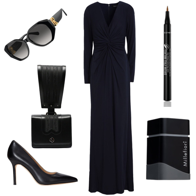 Outfit donna - Rigorosamente chic. Stile Chic per Serata fuori. Abbinamento con vestiti lunghi, profumi, eyeliner, occhiali da sole, décolleté, borse a mano.