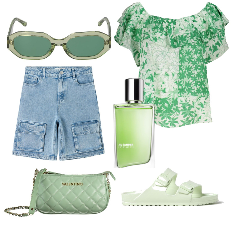 Outfit donna - Total look #1901097. Stile Casual per Tutti i giorni. Abbinamento con profumi, bermuda, sandali, occhiali da sole, t-shirt, borse a spalla.