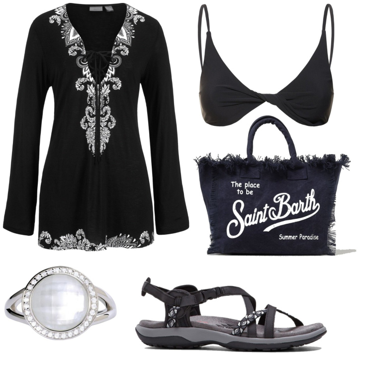 Outfit donna - Total look #1901105. Stile Etnico per Mare. Abbinamento con sandali, vestiti da spiaggia, anelli, borse a spalla, bikini.