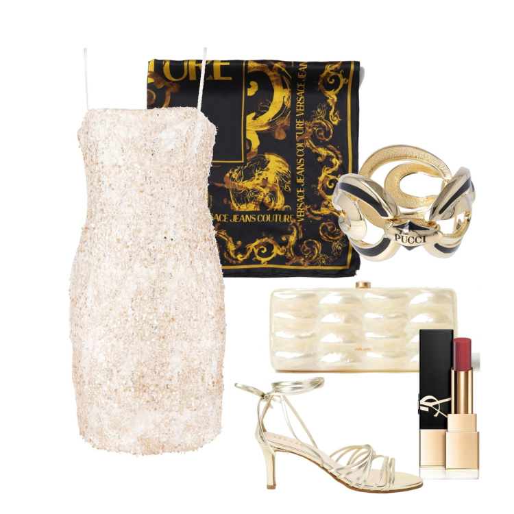 Outfit donna - Ghost outfitter - giugno. Stile Glamour per Cerimonia. Abbinamento con rossetti, vestiti a tubino, sandali col tacco, braccialetti, clutch, foulard.