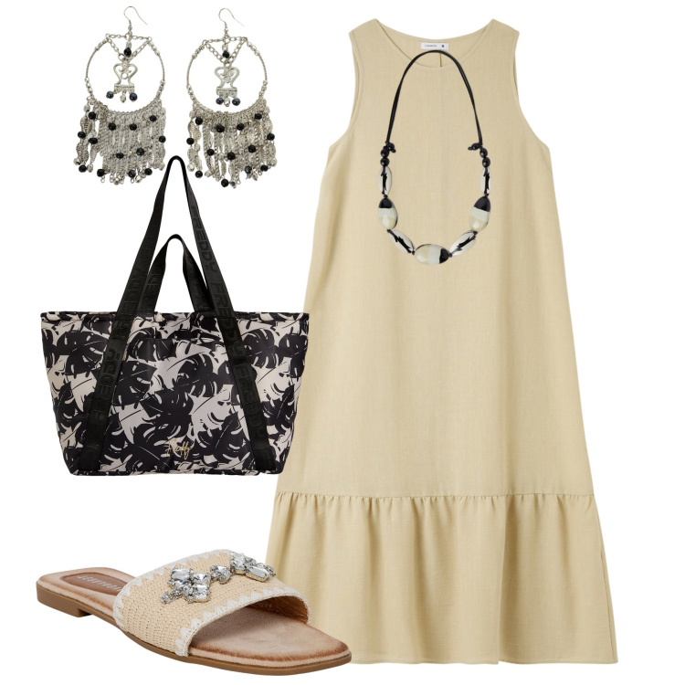 Outfit donna - Summer. Stile Casual chic per Tutti i giorni. Abbinamento con vestiti lunghi, ciabatte, shopping bag, orecchini, collane.