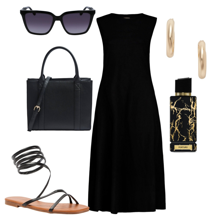 Outfit donna - City. Stile Casual chic per Tutti i giorni. Abbinamento con profumi, shopping bag, sandali, orecchini, vestiti midi/longuette, occhiali da sole.