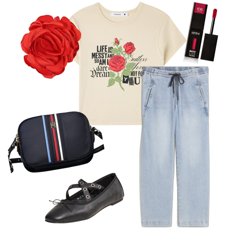Outfit donna - Rose rosse per te. Stile Trendy per Tutti i giorni. Abbinamento con jeans boyfriend, rossetti, ballerine, t-shirt, braccialetti, borse a tracolla.