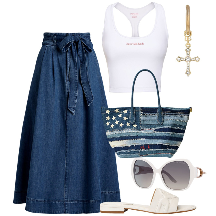Outfit donna - La gonna versatile. Stile Casual chic per Tutti i giorni. Abbinamento con occhiali da sole, gonne, sandali in pelle, borse tote, orecchini, canottiere.