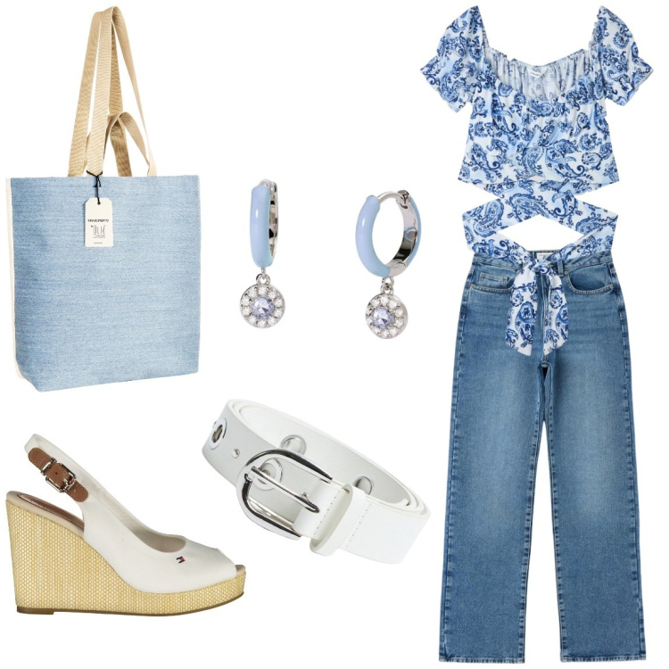Outfit donna - Libertà. Stile Casual per Tutti i giorni. Abbinamento con bluse, jeans dritti, cinture, orecchini, borse tote, sandali.