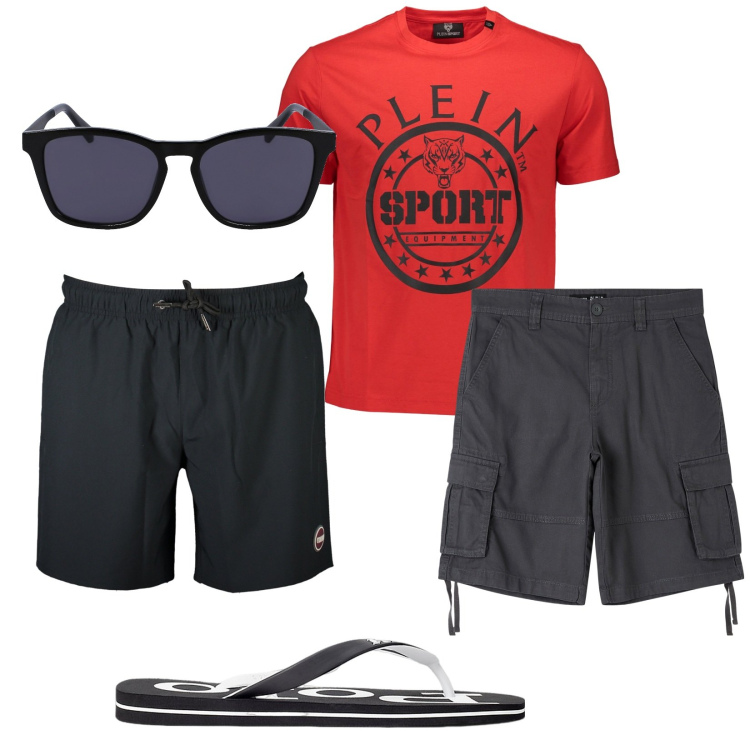 Outfit uomo - Mare. Stile Casual per Mare. Abbinamento con pantaloni corti, sandali, occhiali da sole, t-shirt, costumi.