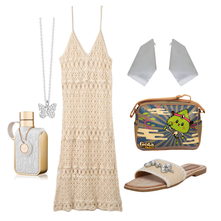 Outfit donna - Ghost outfitter - giugno. Stile Trendy per Tutti i giorni. Abbinamento con profumi, ciabatte, vestiti lunghi, collane, orecchini, borse a spalla.