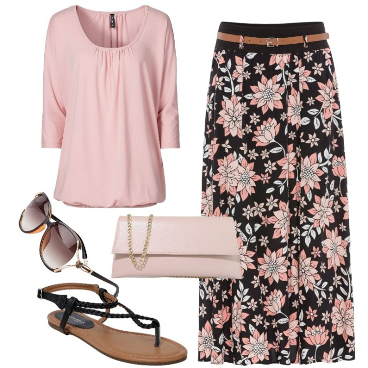 Outfit donna - Total look #1901181. Stile Casual per Tutti i giorni. Abbinamento con maglieria, occhiali da sole, gonne lunghe, ciabatte, pochette.