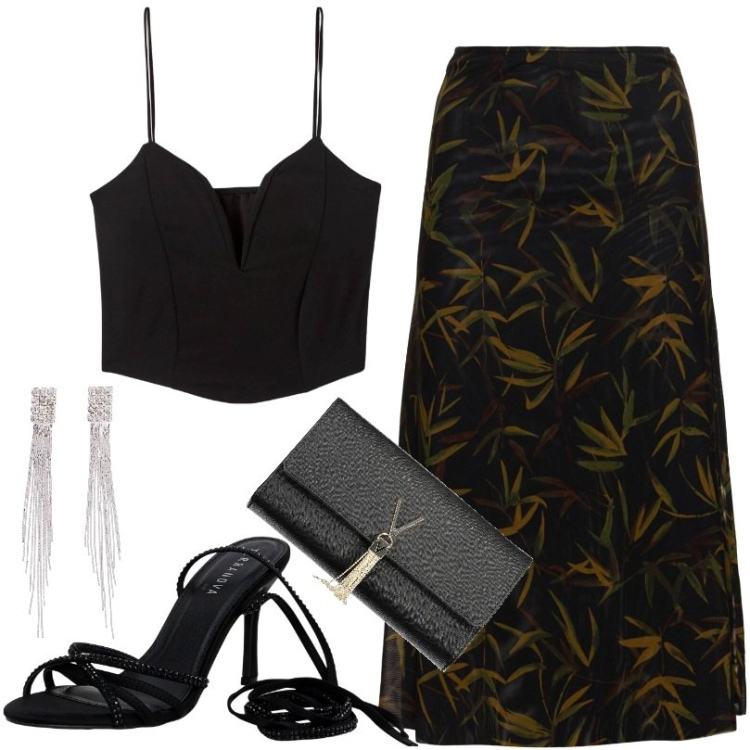 Outfit donna - Top con ferretto Nero. Stile Chic per Serata fuori. Abbinamento con orecchini, top, sandali alla schiava, gonne longuette, borse a mano.