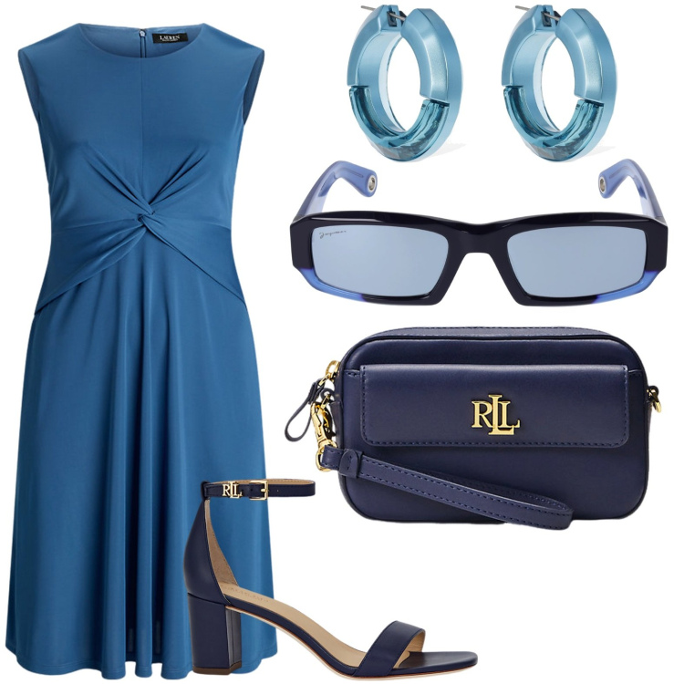 Outfit donna - Perfetta giorno o sera. Stile Chic per Tutti i giorni. Abbinamento con pochette, sandali in pelle, vestiti, orecchini, occhiali da sole.