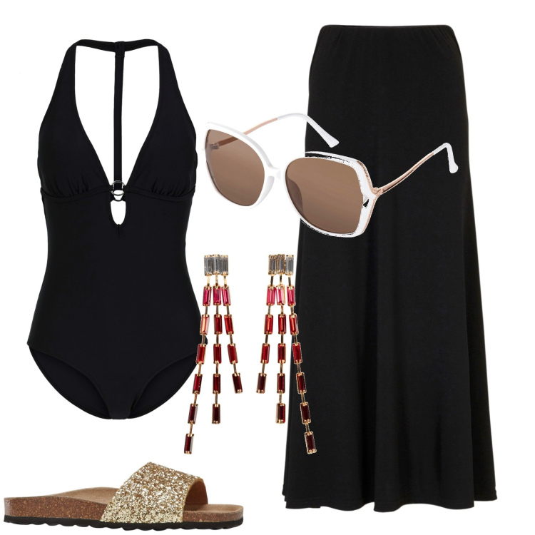 Outfit donna - Sunset look. Stile Trendy per Tutti i giorni. Abbinamento con costumi interi, orecchini, gonne, occhiali da sole, ciabatte.