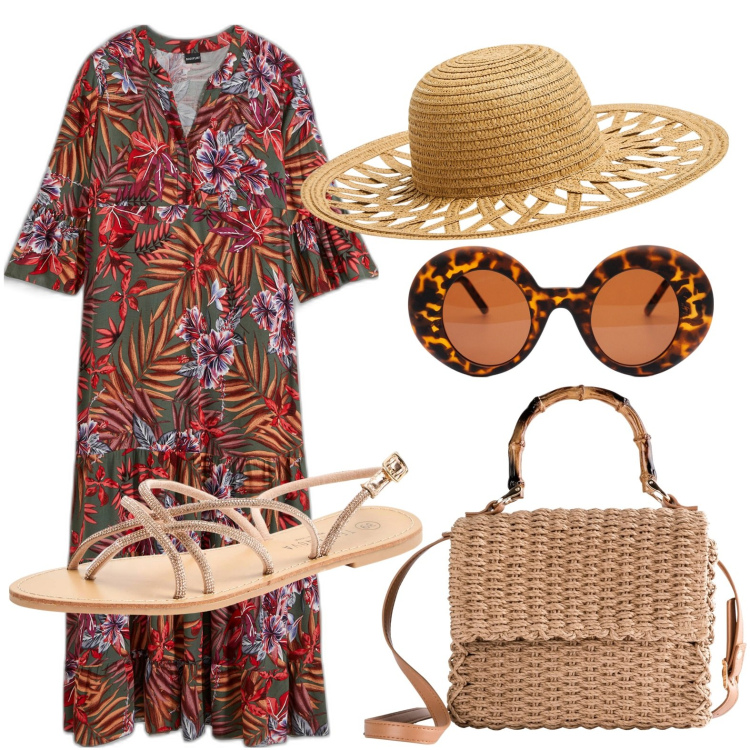 Outfit donna - Mediterraneo da scoprire. Stile Casual per Tutti i giorni. Abbinamento con vestiti lunghi, borse a mano, sandali, cappelli, occhiali da sole.