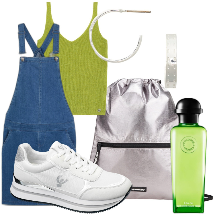 Outfit donna - Gita fuori porta. Stile Basic per Tutti i giorni. Abbinamento con vestiti, profumi, canottiere, sneakers, zaini, orecchini.