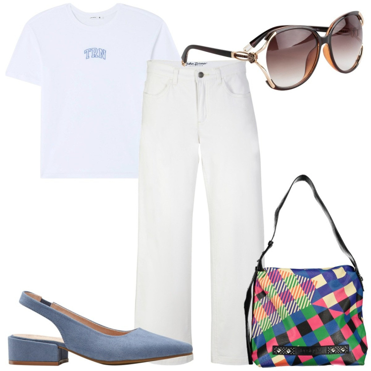 Outfit donna - Total look #1901228. Stile Trendy per Tutti i giorni. Abbinamento con occhiali da sole, décolleté, jeans, t-shirt, borse a spalla.