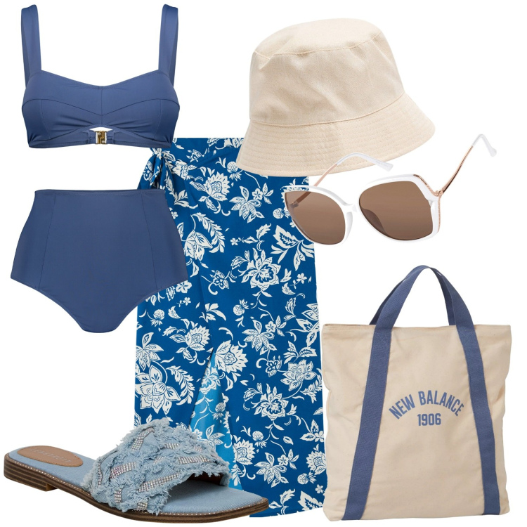 Outfit donna - Il pareo a fiori. Stile Casual per Mare. Abbinamento con occhiali da sole, vestiti da spiaggia, ciabatte, cappelli, borse a mano, bikini.